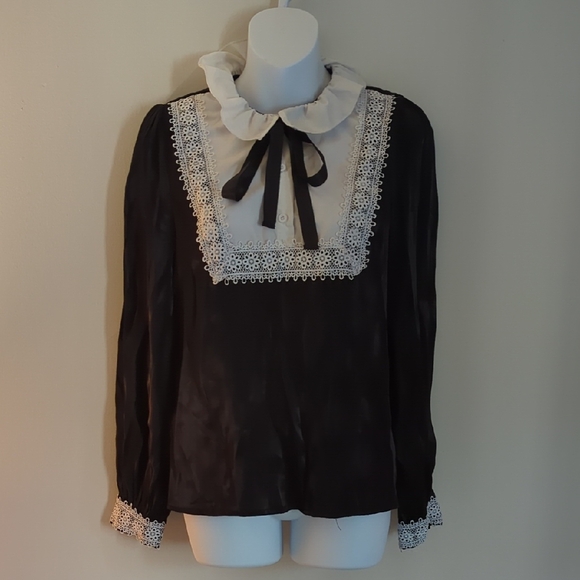 🖤🎀Black And White Ruffle Collar Bow&Lace Shein Blouse - Picture 1 of 5